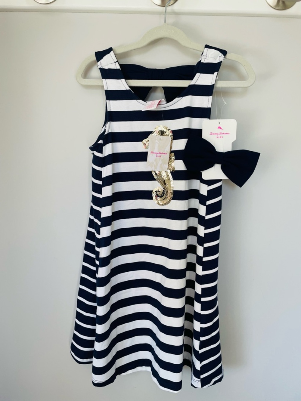Tommy Bahama Navy & White Striped Girls Dress W Gold Sequin Seahorse & Hair Bow - Picture 2 of 10